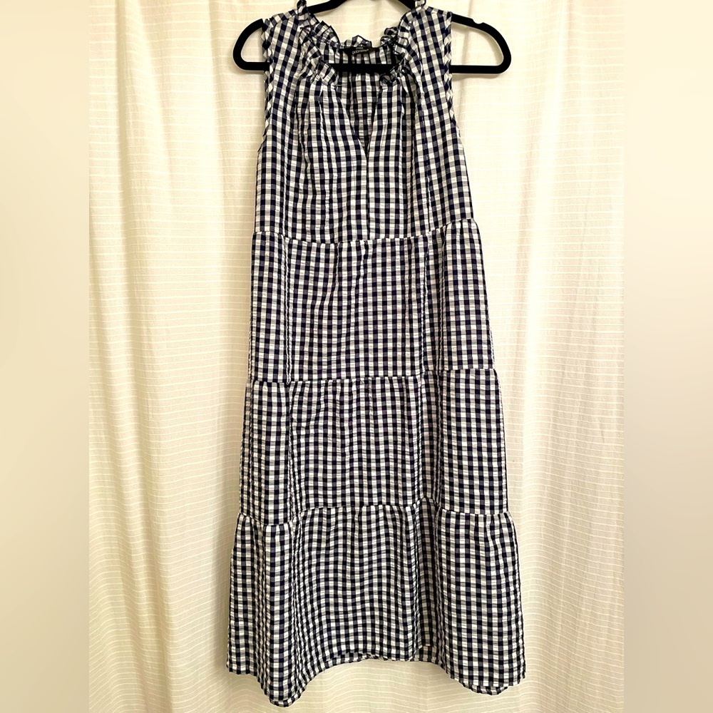 EUC MLLE GABRIELLE Navy and White check Tiered Maxi Dress